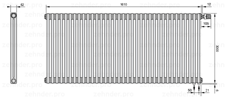 Схема (чертеж) Радиатор Zehnder Charleston 2300/35 №V002 Белый глянцевый RAL 9016